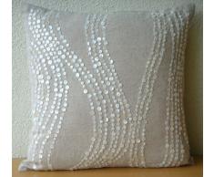 Pearl Linen Charm - Decorativa Funda de Cojin 66 x 66 cm, Square Natural Beige Algodón Lino Madreperla Bordado