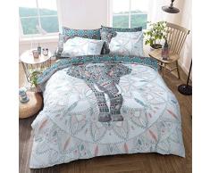 Sleepdown - Juego de Ropa de Cama, con diseÃ±o de Elefante y Mandalas, Funda de edredÃ³n y Fundas de Almohada, Reversible, hipoalergÃ©nico, de fÃ¡cil Cuidado, Suave, Color Verde Azulado , tamaÃ±o King