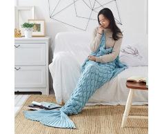 Hecho a mano de punto manta de cola de sirena todas las estaciones cálido sofá cama sala de estar manta para adultos, Patrón de Fish-escalas, Azul claro, 195 x 90cm