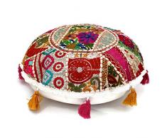 DK Homewares Algodón Patchwork Funda de Almohada de Piso Soplo 45x45 cm Tradicional Cojin De Suelo Blanco Redondo Bordado Pasillo Vendimia Funda de cojín de Piso 18 Inch