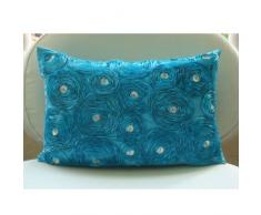 Aquamarine Roses - Decorativa Funda de Cojin 30 x 60 cm, Rectangle/Lumbar Turquesa Seda Satén Bordado de La Cinta
