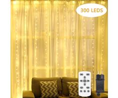 Cortina de Luces,Qomolo 300 LED Luz de Cortina Navidad Luces de Cadena Interior y Exterior Decoraciones para Fiestas Navidad Festival al Aire Libre Aniversario,Bodas, 8 Modos Impermeable IP67,3M × 3M