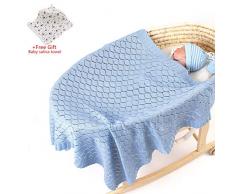 Odot Manta de Punto para Bebé Recién Nacido, Suave y Cálida Punto de Crochet Cobija Toalla de Cama Niños Swaddle para Bebe Cuna, Cochecito y Silla de Paseo (80x100cm,Azul)