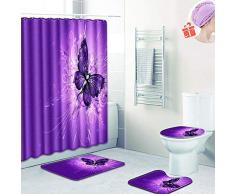 Enhome Juego de Alfombras de Baño 4 Piezas 3D Impresión con Impermeable Cortinas de Ducha, Alfombrilla de Baño, Funda Tapa de Inodoro y Alfombra de U Forma (Morado Elegante,Pequeña)