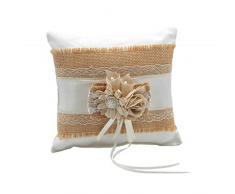 Elegante Cojín Artesanal Rústico de Yute y Encaje con Flores y Bisutería para Anillos de Boda. Complementos. Regalos Originales. Detalles de Bodas, Comuniones, Bautizos. CC