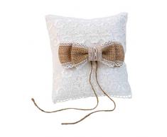 Elegante Cojín Artesanal Rústico de Ganchillo Blanco y Flor de Yute para Anillos de Boda. Complementos. Regalos Originales. Detalles de Bodas, Comuniones, Bautizos. CC