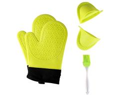 Jonhen Guantes de Silicona Resistentes al Calor Antideslizantes con Forro de algodón para Cocina, Horno, 1 par, Cepillo Extra y Soporte para Maceta (Verde)