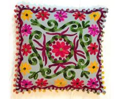 Tradicional Jaipur Suzani cojín, 16 x 16, manta decorativa Funda de almohada, indio cojines al aire libre, Boho Pom Pom Fundas de almohada