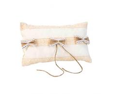 Elegante Cojín Artesanal Rústico de Ganchillo con Lazos de Tela de Yute para Anillos de Boda. Complementos. Regalos Originales. Detalles de Bodas, Comuniones, Bautizos. CC