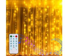 2M X 2M Cortina de luces, Cadena de Luces con PILAS Luces de Hadas de Ventana Luces de Cuerdas de Carámbano con Función de Ritmo Musical Decoración de Navidad, Festival,Fiestas, Casa(Blanco Cálido)