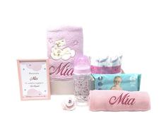 Canastilla de bebe personalizada que incluye manta bordada, muselina biberón y chupete, Modelo Mi Bibi (Rosa)