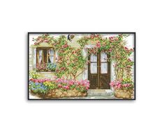 Proumhang 11 CT Kits de bordado DIY Mantel de punto de cruz para bordar 4 hilos Aida Canvas Impreso 60x41cm: Rose House