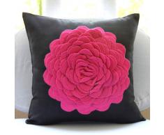 Hot Pink Rose - Decorativa Funda de Cojin 45 x 45 cm, Square Negro Suede Flores de Fieltro