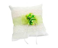 Elegante Cojín Artesanal Blanco con Flores, Encaje y Lazo (Modelo a Elegir) para Anillos de Boda. Complementos. Regalos Originales. Detalles de Bodas, Comuniones, Bautizos. CC (VERDE)