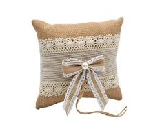 Elegante Cojín Artesanal Rústico de Yute y Encaje con Lazo y Perla para Anillos de Boda. Complementos. Regalos Originales. Detalles de Bodas, Comuniones, Bautizos. CC