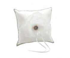 Elegante Cojín Artesanal Blanco con Rosa Blanca y Adorno en Plata para Anillos de Boda. Complementos. Regalos Originales. Detalles de Bodas, Comuniones, Bautizos. CC