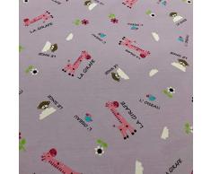 Tela por metros de sábana estampada - Algodón y poliéster - Ancho 270 cm - Largo a elección de 50 en 50 cm | Jirafas, pájaros y monos. Color lila
