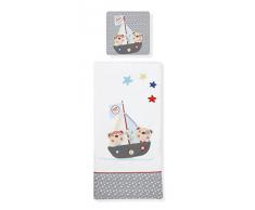Edredón de cuna desenfundable + protector desenfundable + Cojín Pirata color BLANCO/GRIS/CELESTE, tamaño CUNA 60 x 120