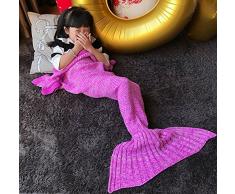eCrazyBaby Hecho a Mano de Punto Manta de Cola de Sirena Todas Las Estaciones cálido sofá Cama Sala de Estar Manta para niño, Patrón clásico con Encaje, 140 x 70cm, Rosa Oscuro