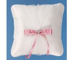 Cojín blanco con doble corazón y cinta rosa, 20 x 20 cm