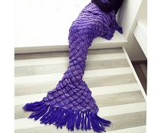 Ecrazybaby888 Hecho a Mano de Punto Manta de Cola de Sirena Todas Las Estaciones cálido sofá Cama Sala de Estar Manta para Adultos, Fish-Scales patrón con Borla, Morado, 180 x 90cm