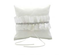 Elegante Cojín Artesanal Blanco con Volante y Adorno en Plata para Anillos de Boda. Complementos. Regalos Originales. Detalles de Bodas, Comuniones, Bautizos. CC