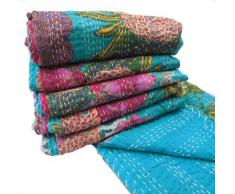 HandicrunchHandcrafted Kantha colcha de algodón reversible Colcha Floral Azul Turquesa Bedsheet Home Décor India