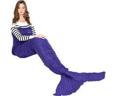 Hecho a mano de punto manta de cola de sirena todas las estaciones cálido sofá cama sala de estar manta para adultos, Patrón de onda, Púrpura, 180 x 90cm