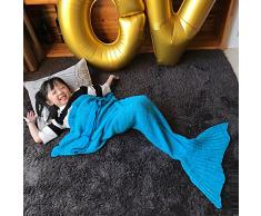 Hecho a mano de punto manta de cola de sirena todas las estaciones cálido sofá cama sala de estar manta para niño, Patrón Clásico con Encaje, Azúl claro, 140 x 70cm