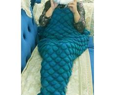 eCrazyBaby Hecho a Mano de Punto Manta de Cola de Sirena Todas Las Estaciones cálido sofá Cama Sala de Estar Manta para Adultos, Patrón de Escamas de Pescado con Borla, 180 x 90cm, Verde Oscuro