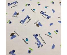 Tela por metros de sábana estampada - Algodón y poliéster - Ancho 270 cm - Largo a elección de 50 en 50 cm | Jirafas, pájaros y monos. Color blanco