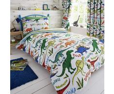 Happy Linen Company Set de Fundas Infantiles para edredón - Reversible - Estampado de Dinosaurios con tiranosaurio Verde - Individual