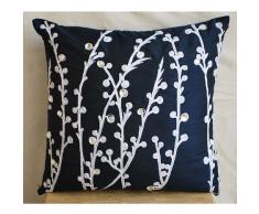Navy Blue Willow - Decorativa Funda de Cojin 60 x 60 cm, Square Azul Marino Seda Bordado con Hilo de Plata y Cristales
