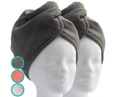 ELEXCARE Toalla Turbante de Microfibra Absorbente para un rápido Secado de Pelo (Paquete de Toallas, 2 Unidades, Gris, ca. 28x65 cm). Todo Tipo de Cabello.