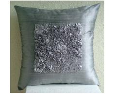 Love Vintage - Decorativa Funda de Cojin 35 x 35 cm, Square Plata Seda Satén Bordado de La Cinta