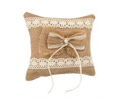Elegante Cojín Artesanal Rústico de Yute Marrón con Lazo y Perla para Anillos de Boda. Complementos. Regalos Originales. Detalles de Bodas, Comuniones, Bautizos. CC