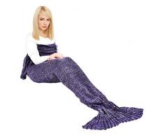 Ecrazybaby888 Hecho a Mano de Punto Manta de Cola de Sirena Todas Las Estaciones cálido sofá Cama Sala de Estar Manta para Adultos, Patrón Clásico con Encaje, Morado, 180 x 90cm