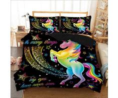 Sticker superb Elegante Vistoso Unicornio Juego de Cama con Funda de Almohada, Niña Niño Negro Rojo Azul Estrella Negro Funda de Edredón para Invierno Otoño Verano (180x220cm para Cama 105/90cm)