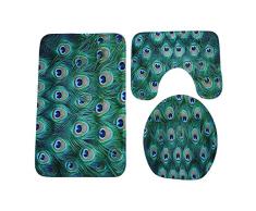 Deanyi Fashion Pavo Real – Alfombrilla de baño (Juego de 3 Piezas – Alfombrilla para Inodoro Tapa Funda Contador Alfombras presupuesto Objetos