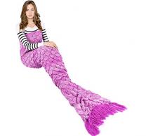 eCrazyBaby Hecho a Mano de Punto Manta de Cola de Sirena Todas Las Estaciones cálido sofá Cama Sala de Estar Manta para Adultos, Patrón de Escamas de Pescado con Borla, 180 x 90cm, Rosa Oscuro