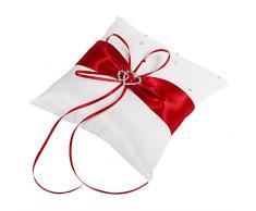 Cinta decorativa almohada anillo portador almohada cojín romántico con bowknot doble corazón rhinestone, ceremonia de la boda decoración del hogar(rojo)