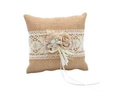 Elegante Cojín Artesanal Rústico de Yute y Encaje con Flores para Anillos de Boda. Complementos. Regalos Originales. Detalles de Bodas, Comuniones, Bautizos. CC