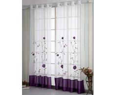 SIMPVALE 2 Piezas Cortinas Visillos Bordado Floral Translucida de Dormitorio Moderno Ventana Cortina Paneles con Ojales para Balcon, Salón, Habitación y Cámara, 140x225cm, Púrpura