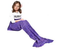 Hecho a mano de punto manta de cola de sirena todas las estaciones cálido sofá cama sala de estar manta para niño, Classic Patrón, Morado, 140 x 70cm