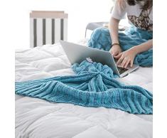eCrazyBaby Hecho a Mano de Punto Manta de Cola de Sirena, Todas Las Estaciones cálido sofá Cama Sala de Estar Manta para niños y Adultos, Patrón de Fish-Escalas, 195 x 90 cm, Azúl Pavo Real