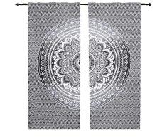 Set de cortinas de algodón con diseño de mandala. Color gris, negro y blanco. Para colgar en paredes y ventanas. Cortinas hippies, indias, bohemias, psicodélicas, etc.