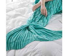 eCrazyBaby Hecho a Mano de Punto Manta de Cola de Sirena, Todas Las Estaciones cálido sofá Cama Sala de Estar Manta para niños y Adultos, Patrón de Fish-Escalas, 195 x 90 cm, Verde Menta