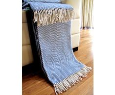Manta de lana con franja , 80% Lana, 140 X 200cm, modelo Milano 2, color gris/azul-blanco