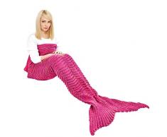 eCrazyBaby Hecho a Mano de Punto Manta de Cola de Sirena Todas Las Estaciones cálido sofá Cama Sala de Estar Manta para Niños y Adultos, Patrón de Onda, 180 x 90cm, Rojo