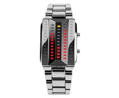 FeiWen Unico Binario Relojes de Pulsera de Hombre y Mujer Calendario Rojo LED Digitales Luminosidad Acero Inoxidable Negro Rectangular Fashion Casual Estilo Reloj, Plateado (Hombre)
